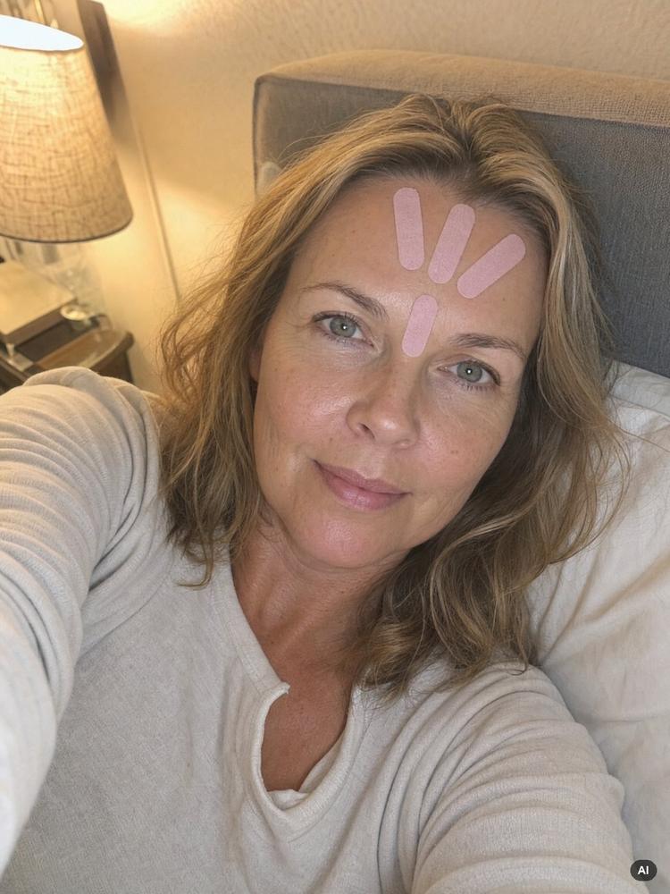 Frau abends im Bett mit Face Tapes auf Stirn und Zornesfalte